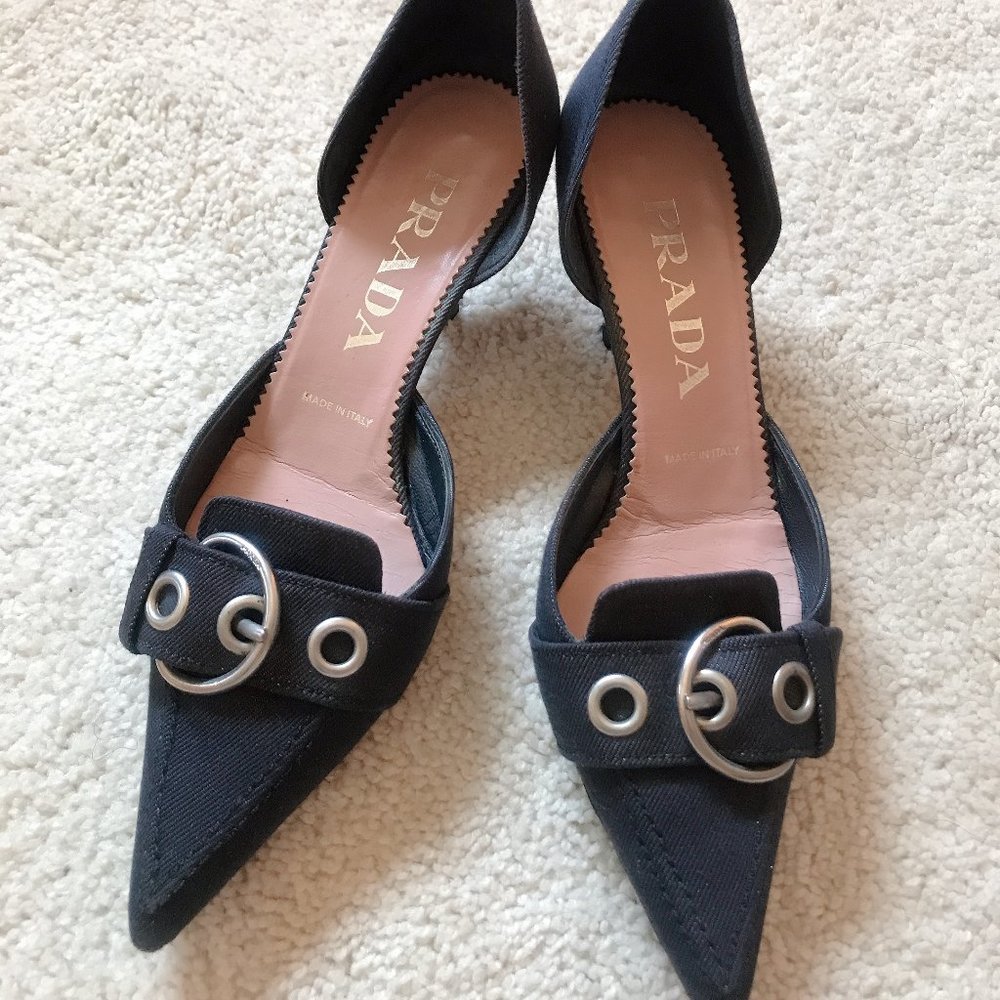 Prada Buckle Strap Jean Pumps w. Kitten Heels